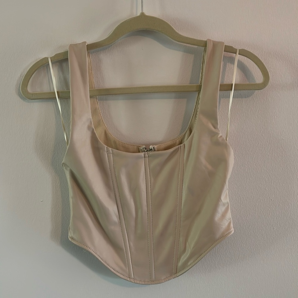 Nude Leather Like Corset Bustier Crop Top - Size Small